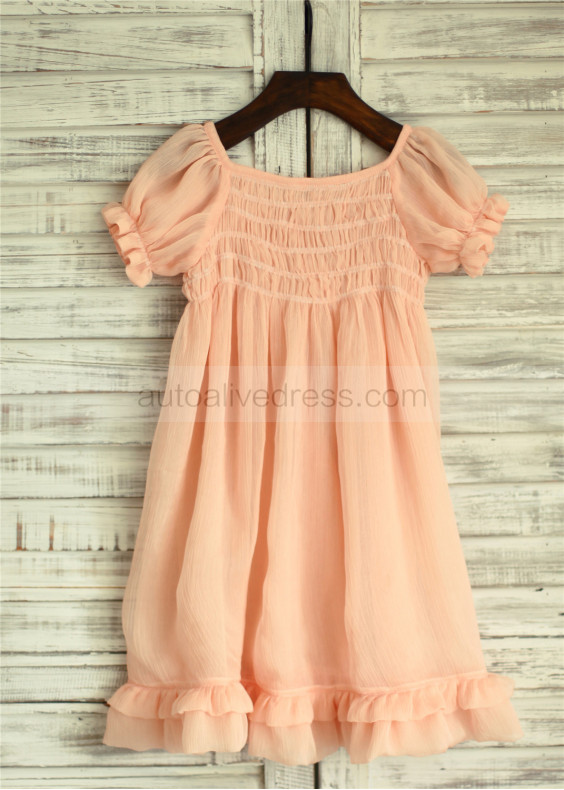 Peach Chiffon Short Sleeves Flower Girl Dress 